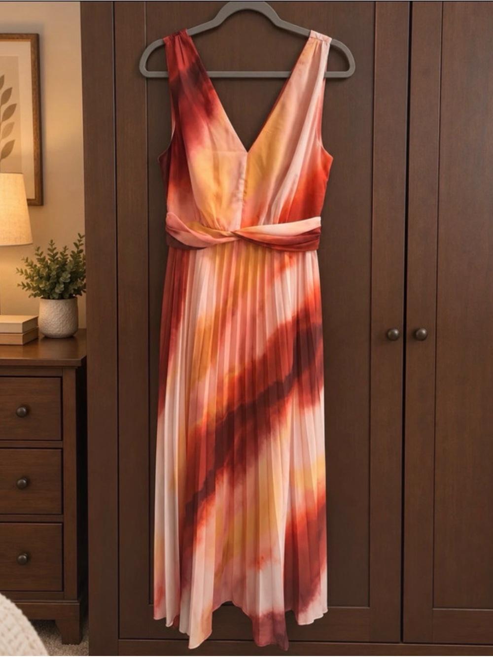 Donna Morgan V-Neck Pleated Midi Dress in Sunset Watercolor Tones